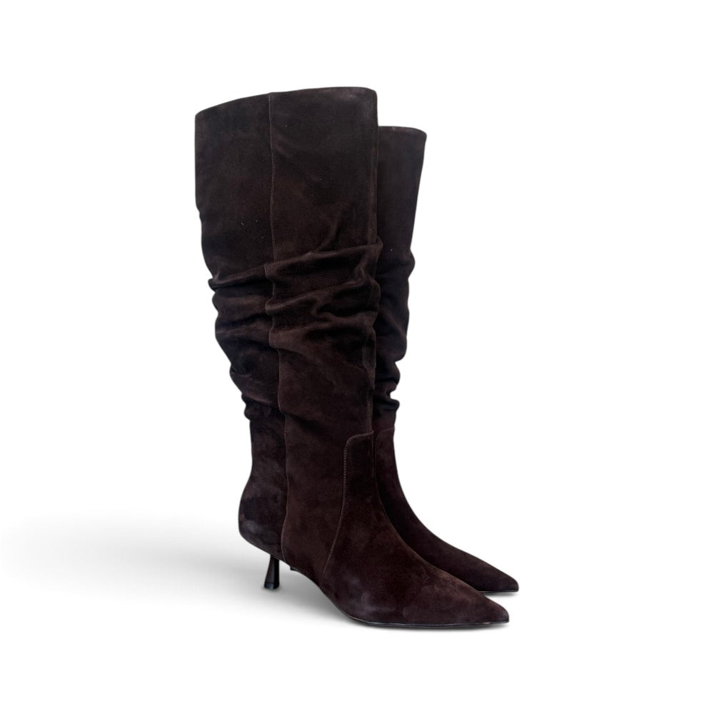 Stivale arricciato suede moro tacco 50 Chiconic<BR/> 