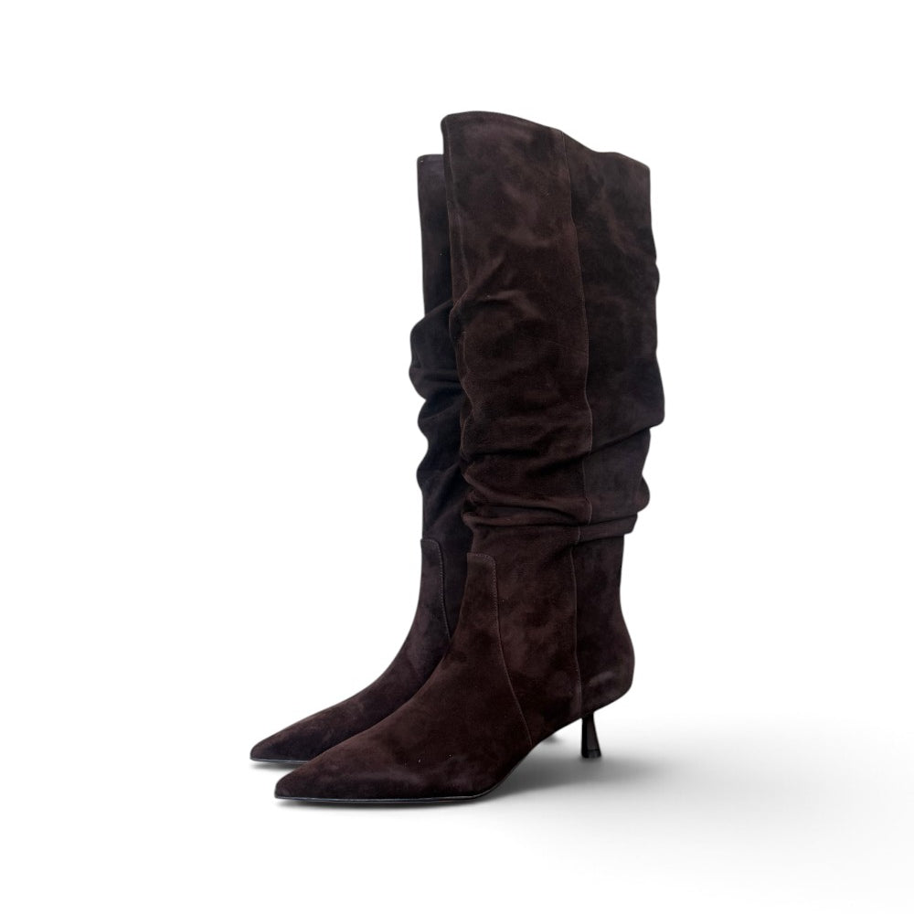 Stivale arricciato suede moro tacco 50 Chiconic<BR/> 