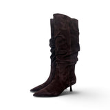 Stivale arricciato suede moro tacco 50 Chiconic<BR/> 