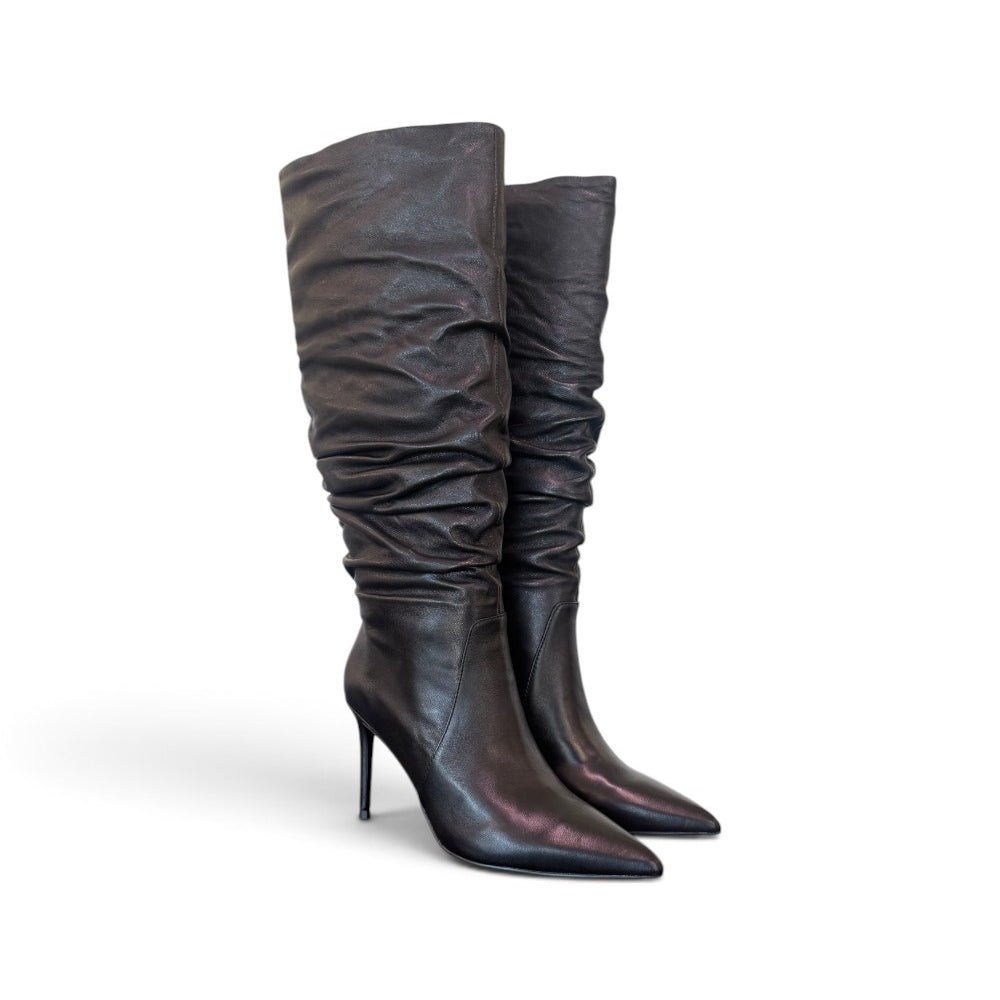 Stivale arricciato pelle nera tacco 90 Chiconic<BR/> 