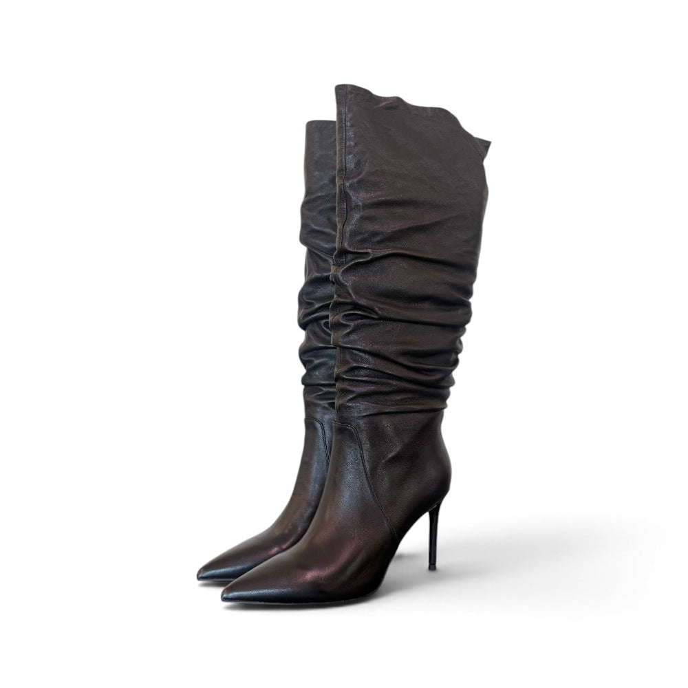 Stivale arricciato pelle nera tacco 90 Chiconic<BR/> 