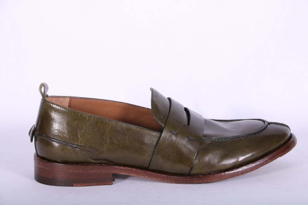 Mocassino cucitura pelle verde MRT<BR/> 