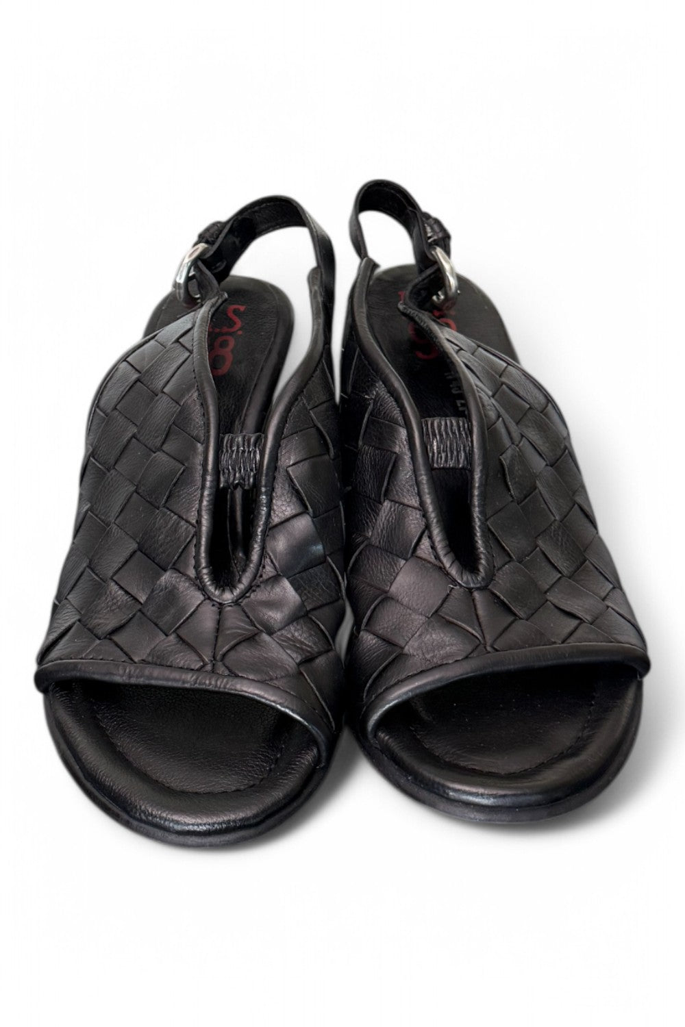 Sandalo pelle intrecciata tacco zeppa nero AS98<BR/> 