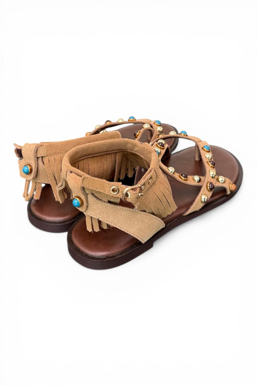 Sandalo con frange e borchie in suede tan Inuovo<BR/> 