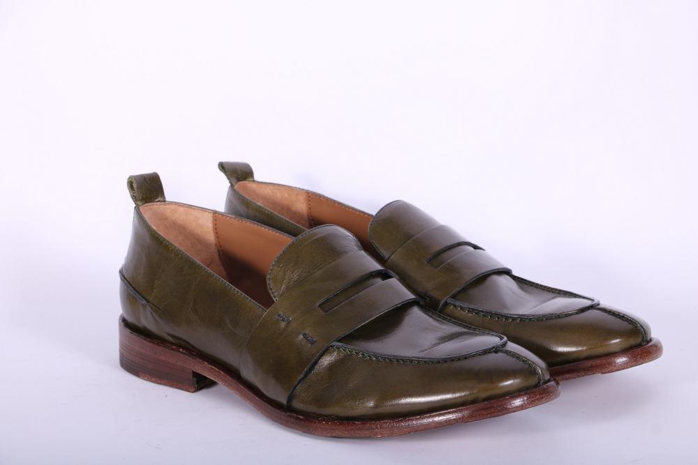 Mocassino cucitura pelle verde MRT<BR/> 