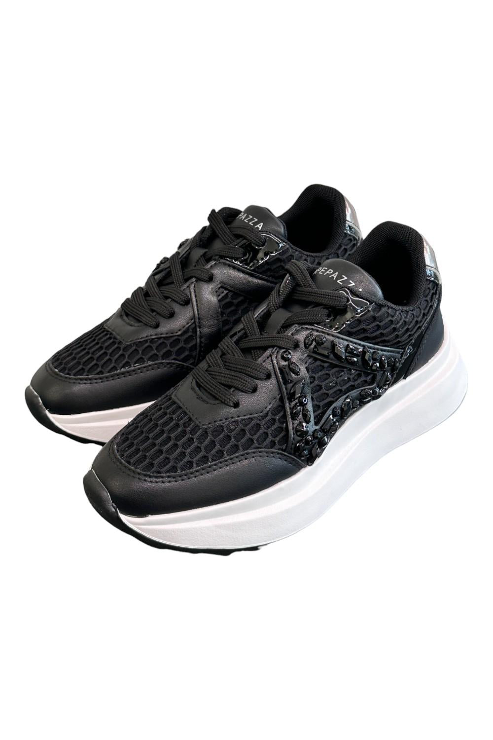 Sneaker Apepazza pelle rete strass nera<BR/> 