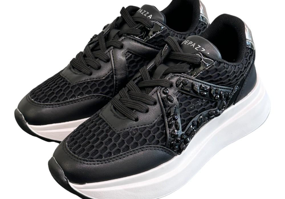 Sneaker Apepazza pelle rete strass nera<BR/> 