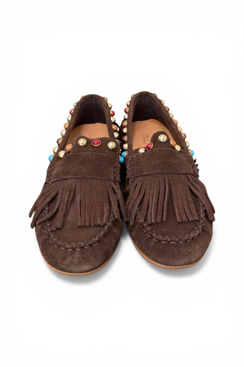 Mocassino frange suede mogano Inuovo<BR/> 