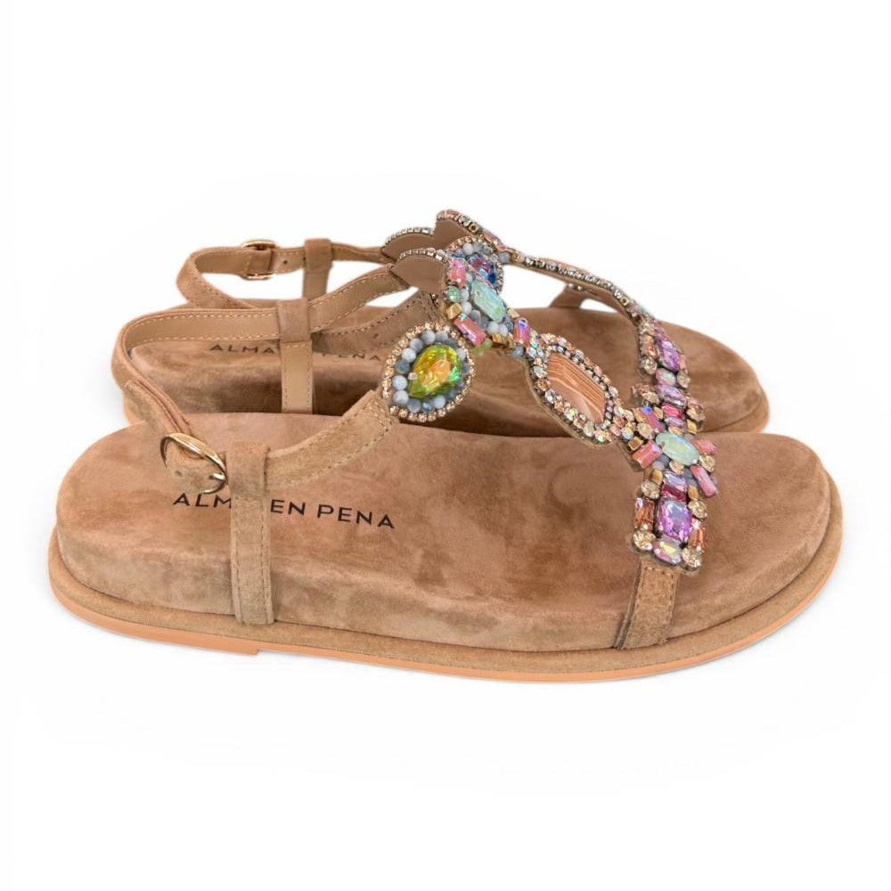 Sandalo camoscio beige pietre multicolor Alma en Pena<BR/> 