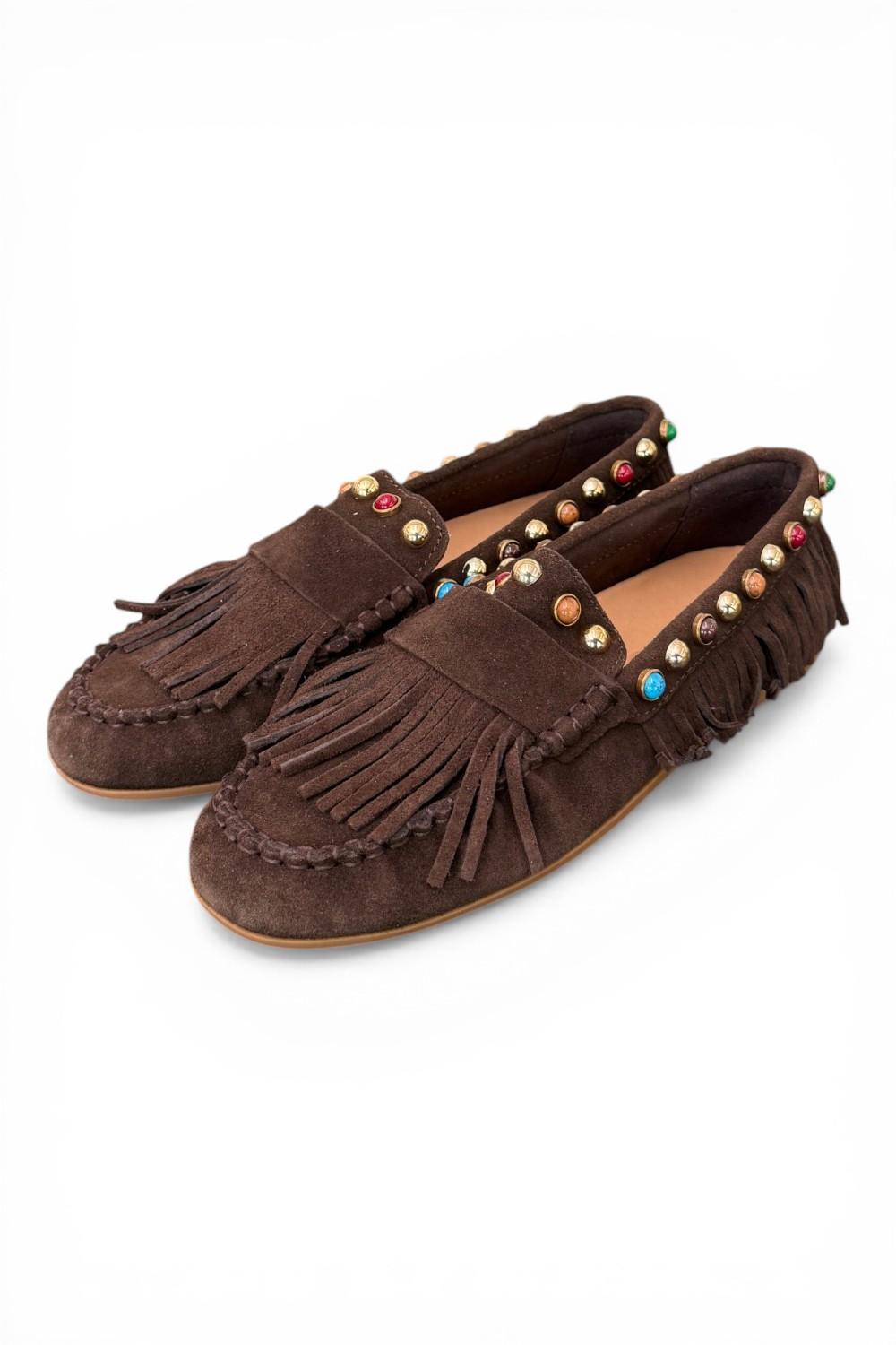 Mocassino frange suede mogano Inuovo<BR/> 