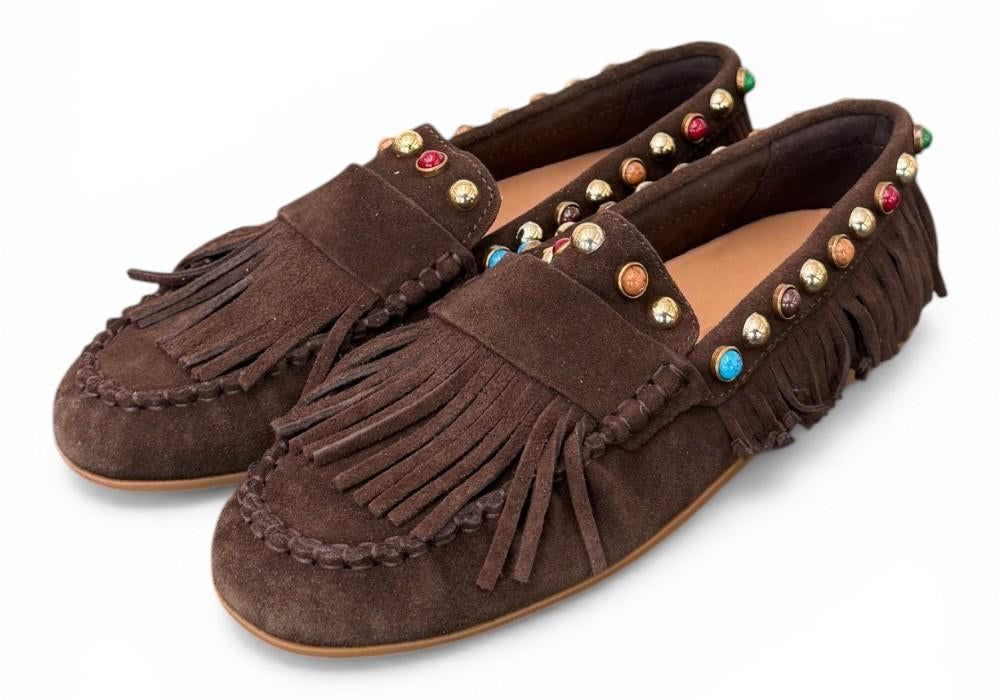 Mocassino frange suede mogano Inuovo<BR/> 