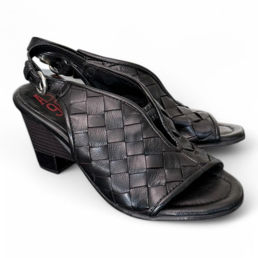 Sandalo pelle intrecciata tacco zeppa nero AS98<BR/> 