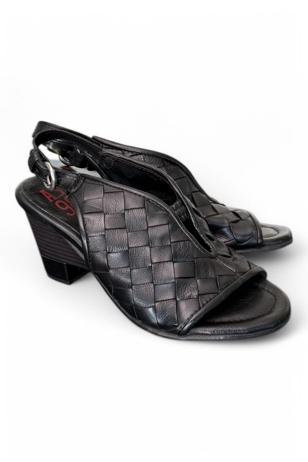 Sandalo pelle intrecciata tacco zeppa nero AS98<BR/> 