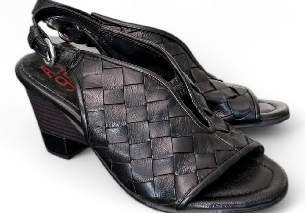 Sandalo pelle intrecciata tacco zeppa nero AS98<BR/> 
