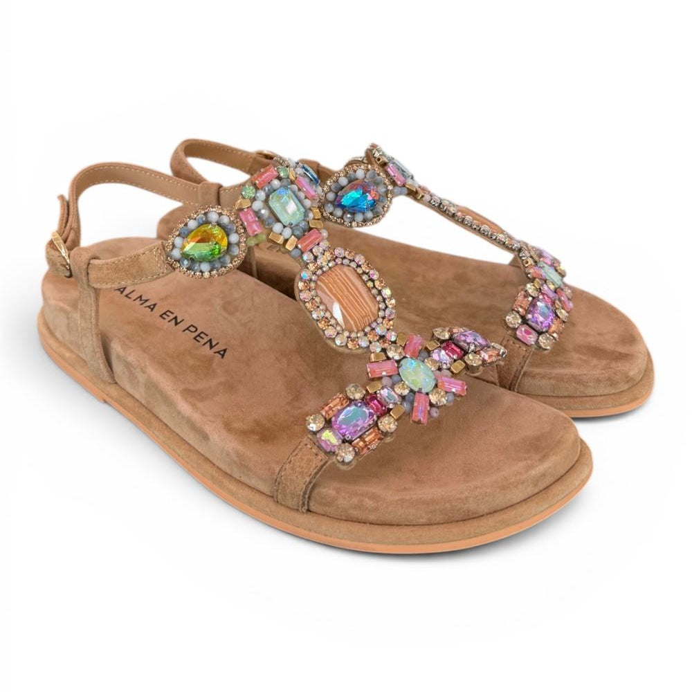 Sandalo camoscio beige pietre multicolor Alma en Pena<BR/> 
