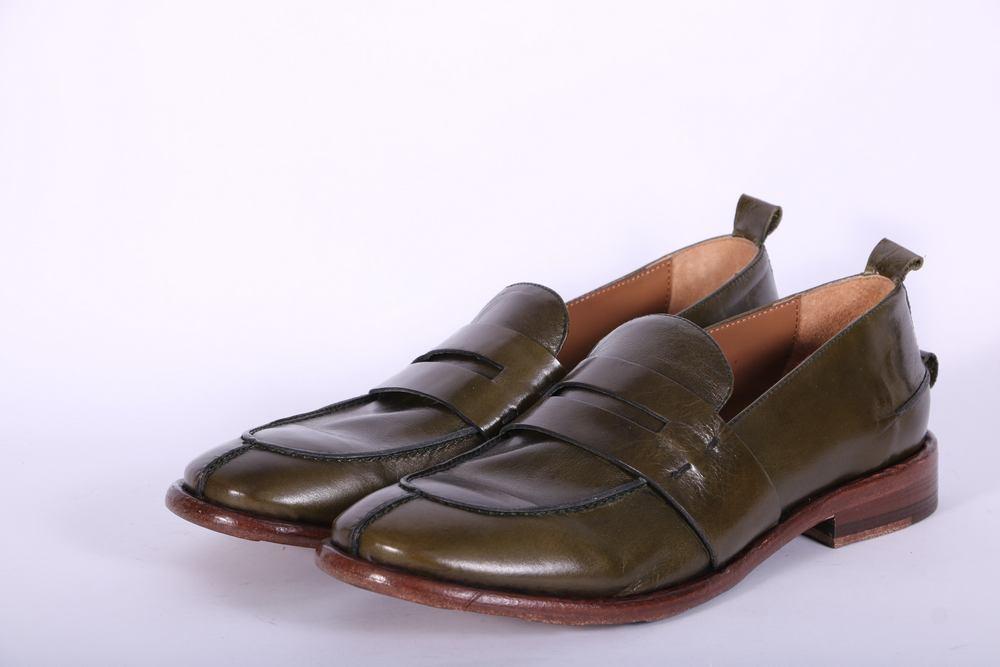 Mocassino cucitura pelle verde MRT<BR/> 