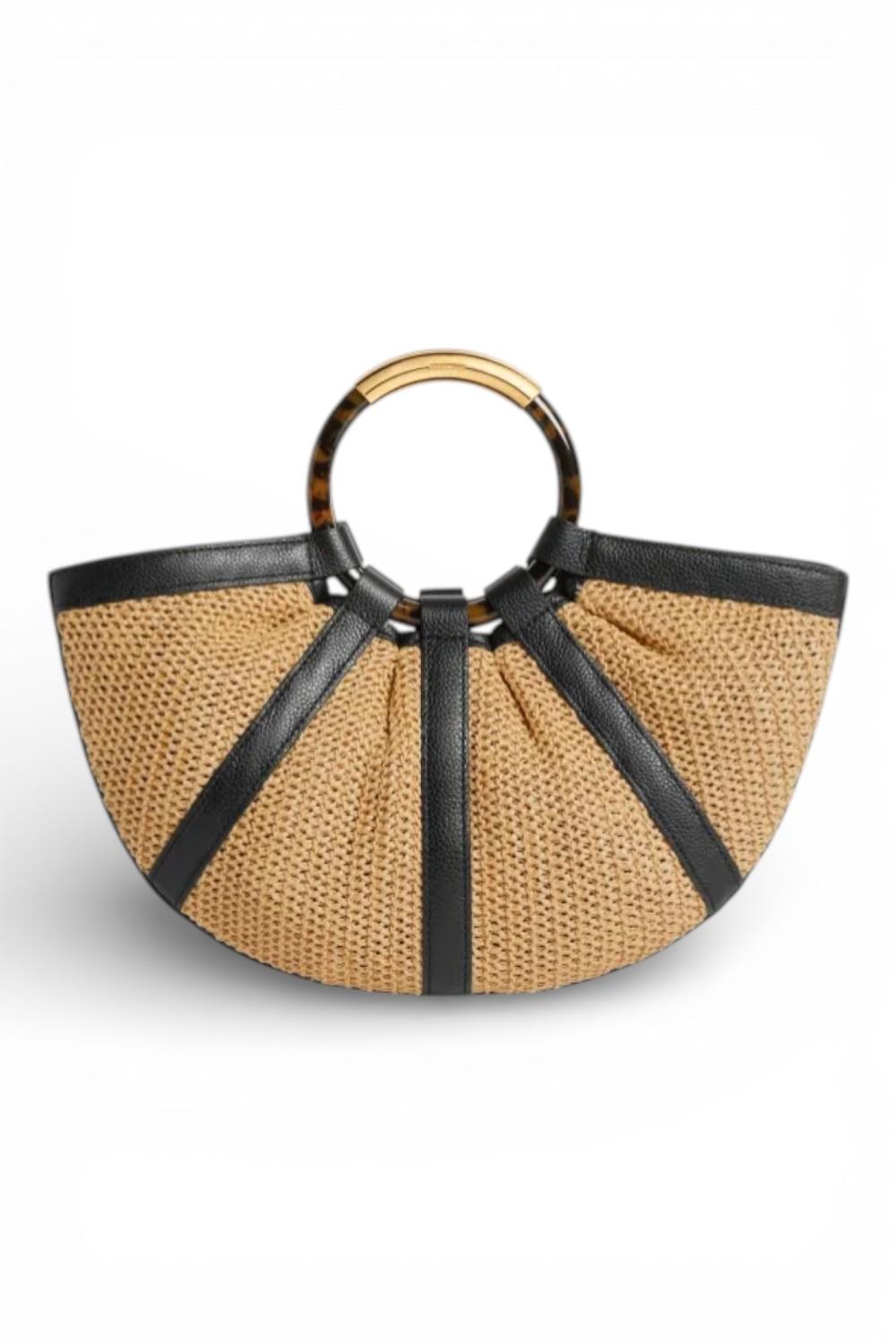 Borsa Shell Coccinelle rafia beige nera manici 