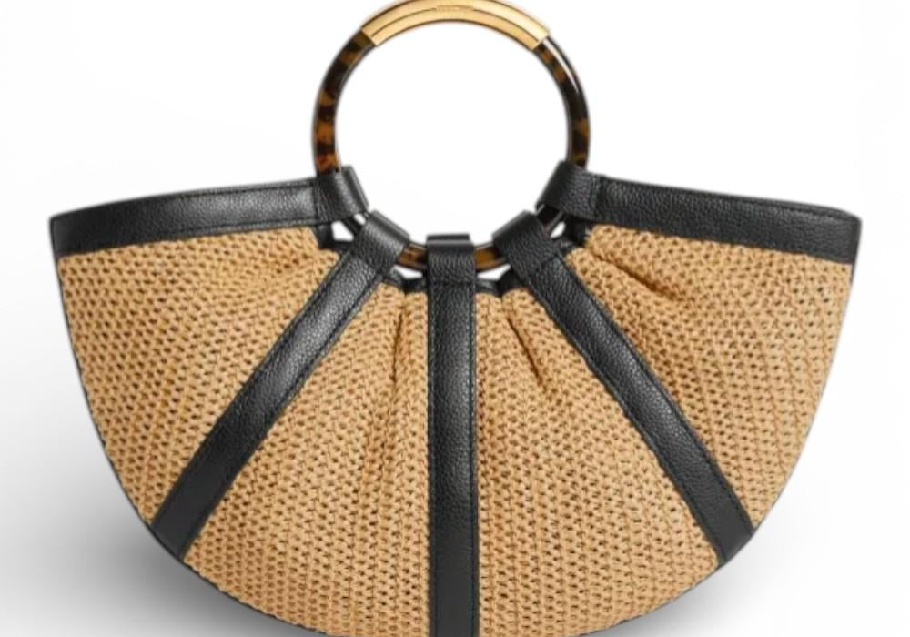Borsa Shell Coccinelle rafia beige nera manici 
