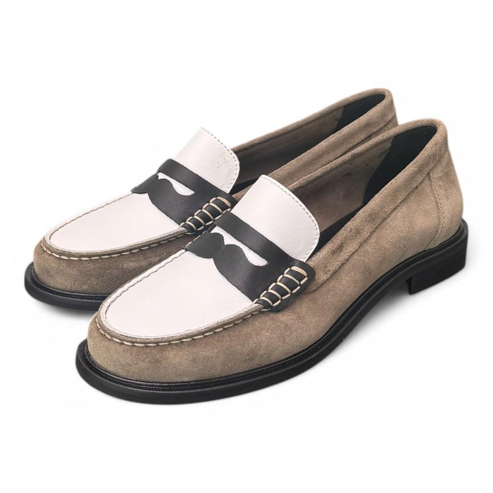 Mocassino bimateriale beige bianco Elisa Lanci 