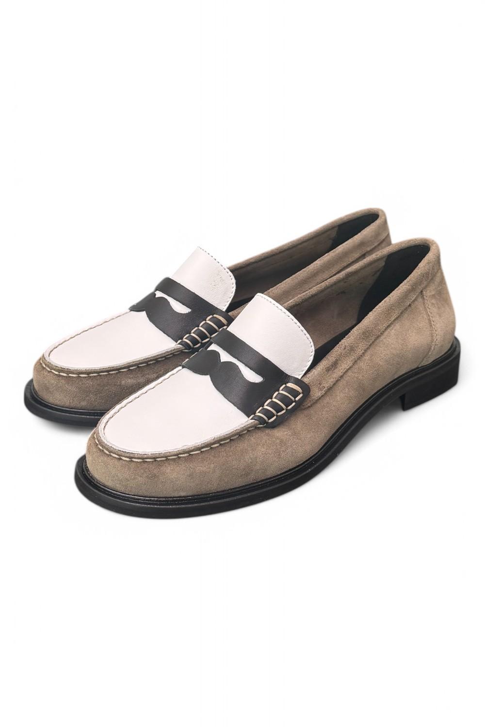 Mocassino bimateriale beige bianco Elisa Lanci 