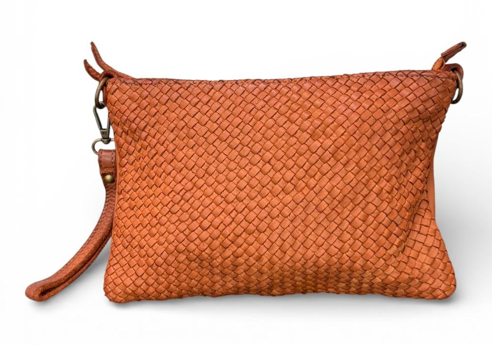 Borsina tracolla intreccio vintage cuoio scuro<BR/> 