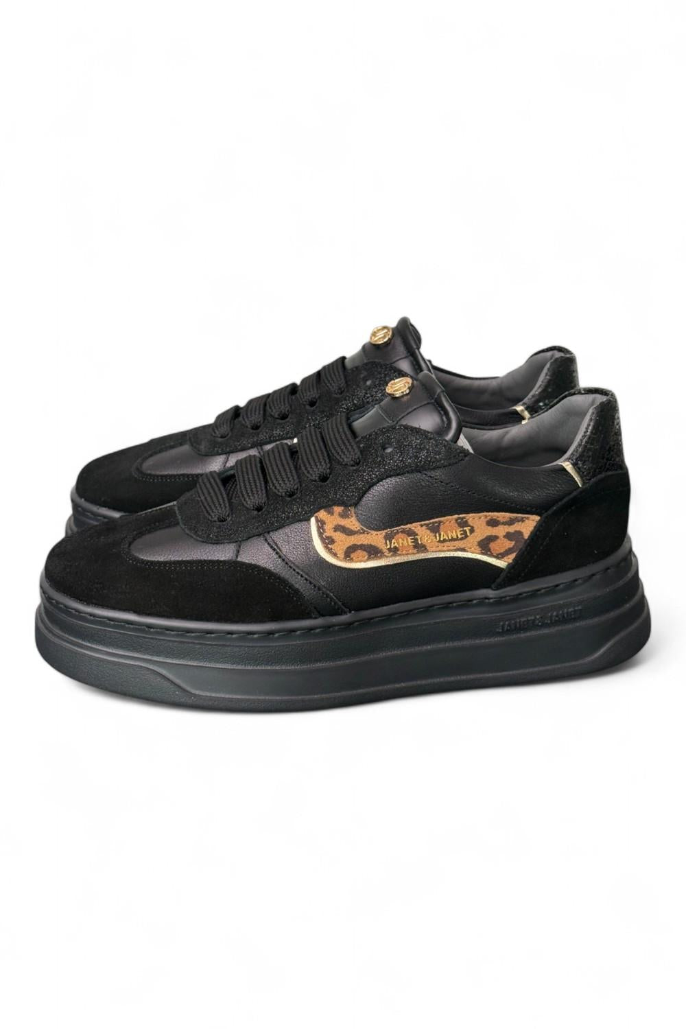 Sneaker donna pelle nera e leo Janet & Janet<BR/> 