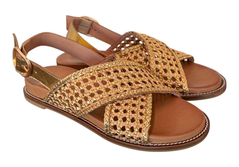 Sandalo incrocio pelle gold intrecciata Inuovo<BR/> 