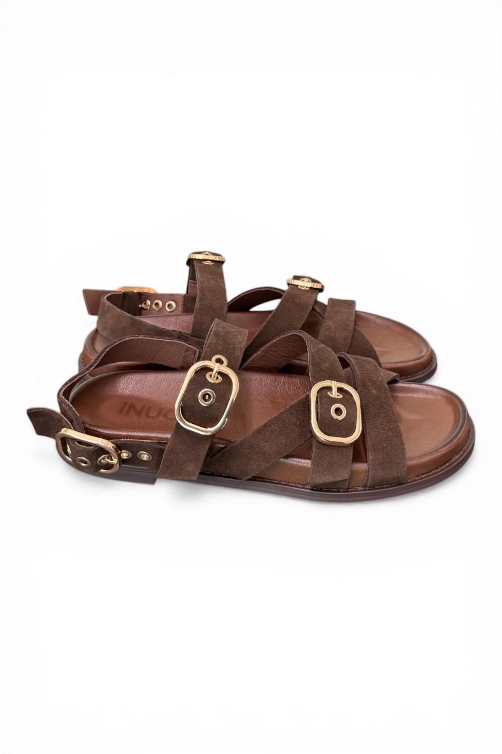 Sandalo con fasce e fibbie in suede testa di moro Inuovo<BR/> 