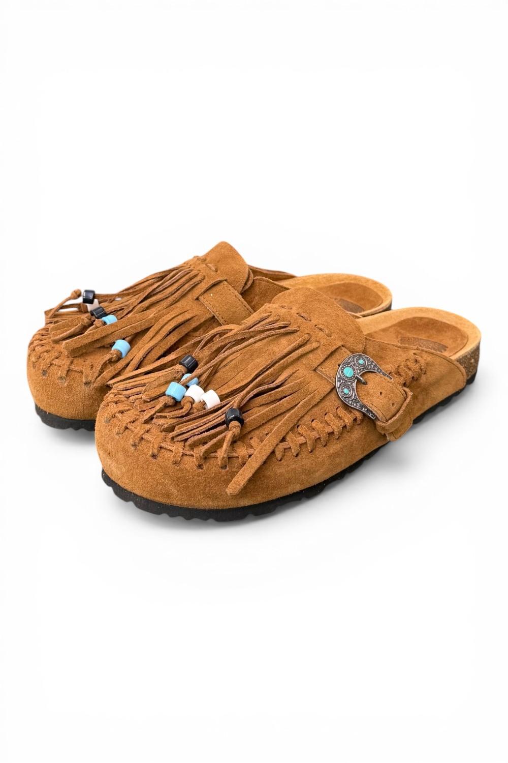 Sabot con frangia e perline Taji by Lagoa suede cuoio 