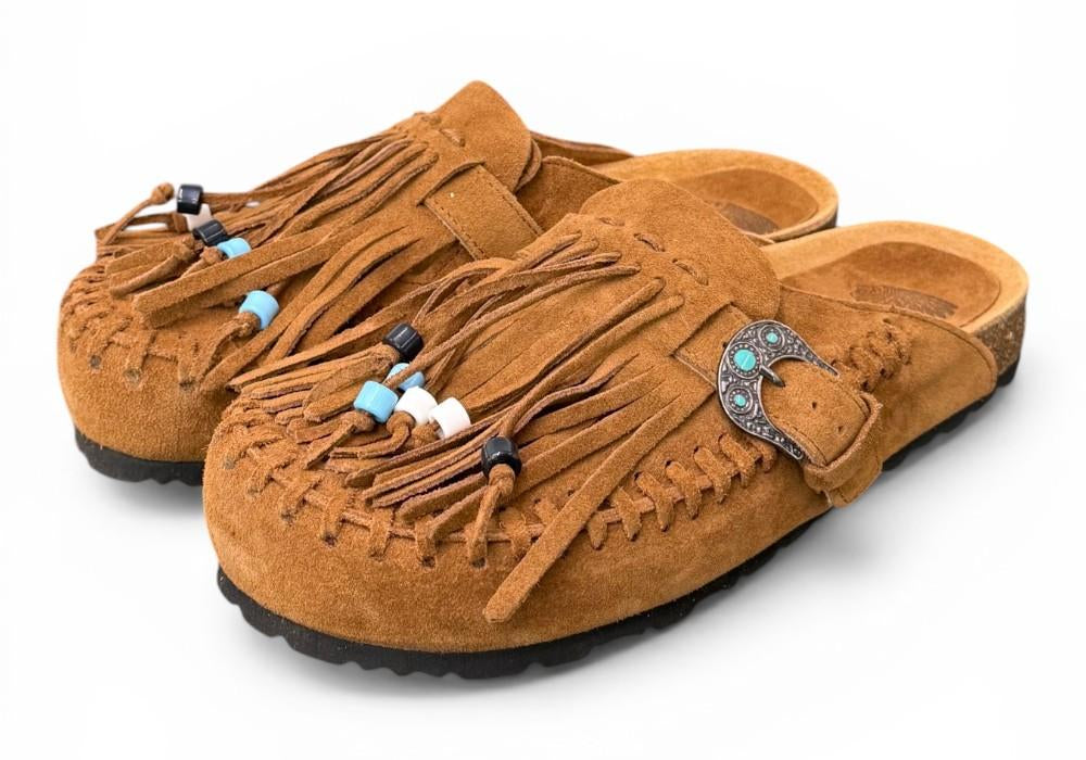 Sabot con frangia e perline Taji by Lagoa suede cuoio 