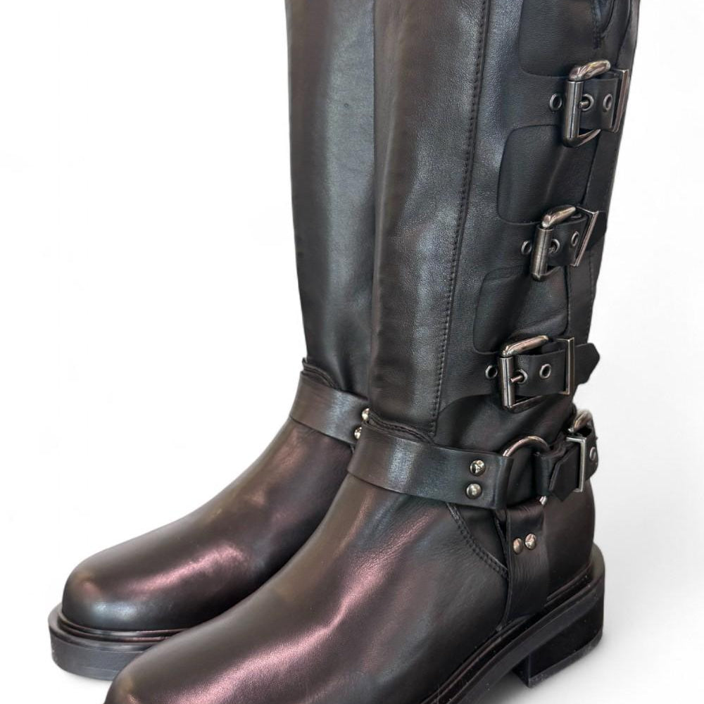 Stivale biker 3/4 fibbie pelle nera Angelica 