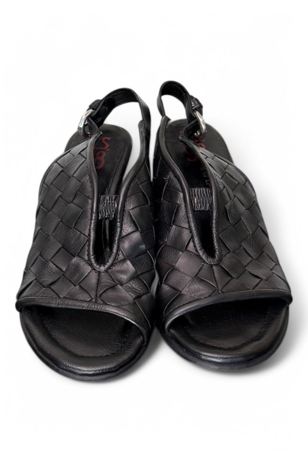 Sandalo pelle intrecciata tacco zeppa nero AS98<BR/> 