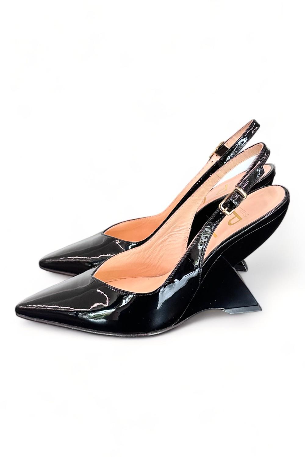 Slingback tacco zeppa vernice nera Matteo Pitti 