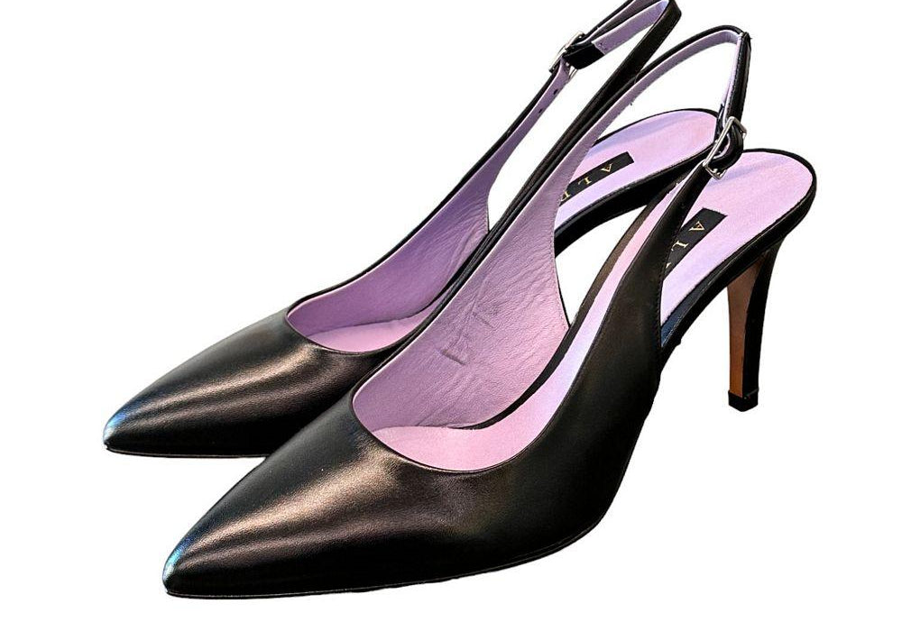 Decolleté Slingback pelle nera tacco 80 Albano 