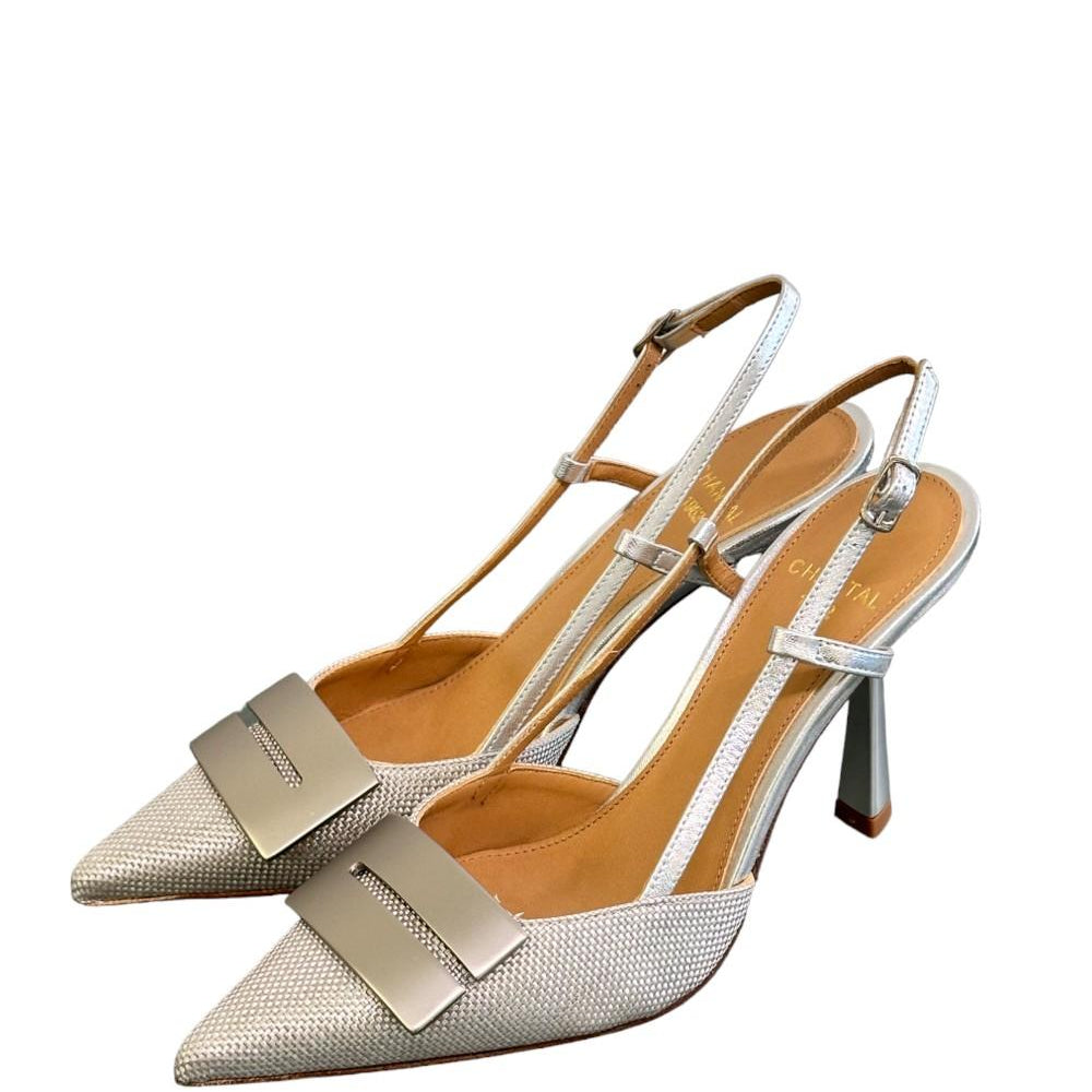 Slingback tessuto e pelle argento accessorio Chantal 