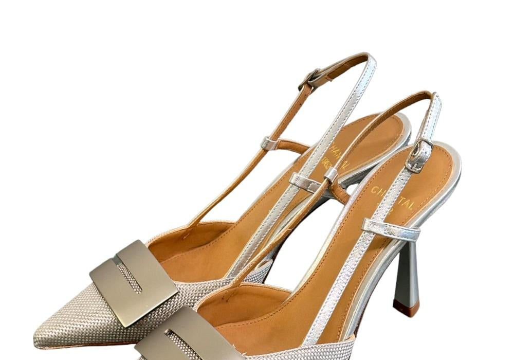 Slingback tessuto e pelle argento accessorio Chantal 