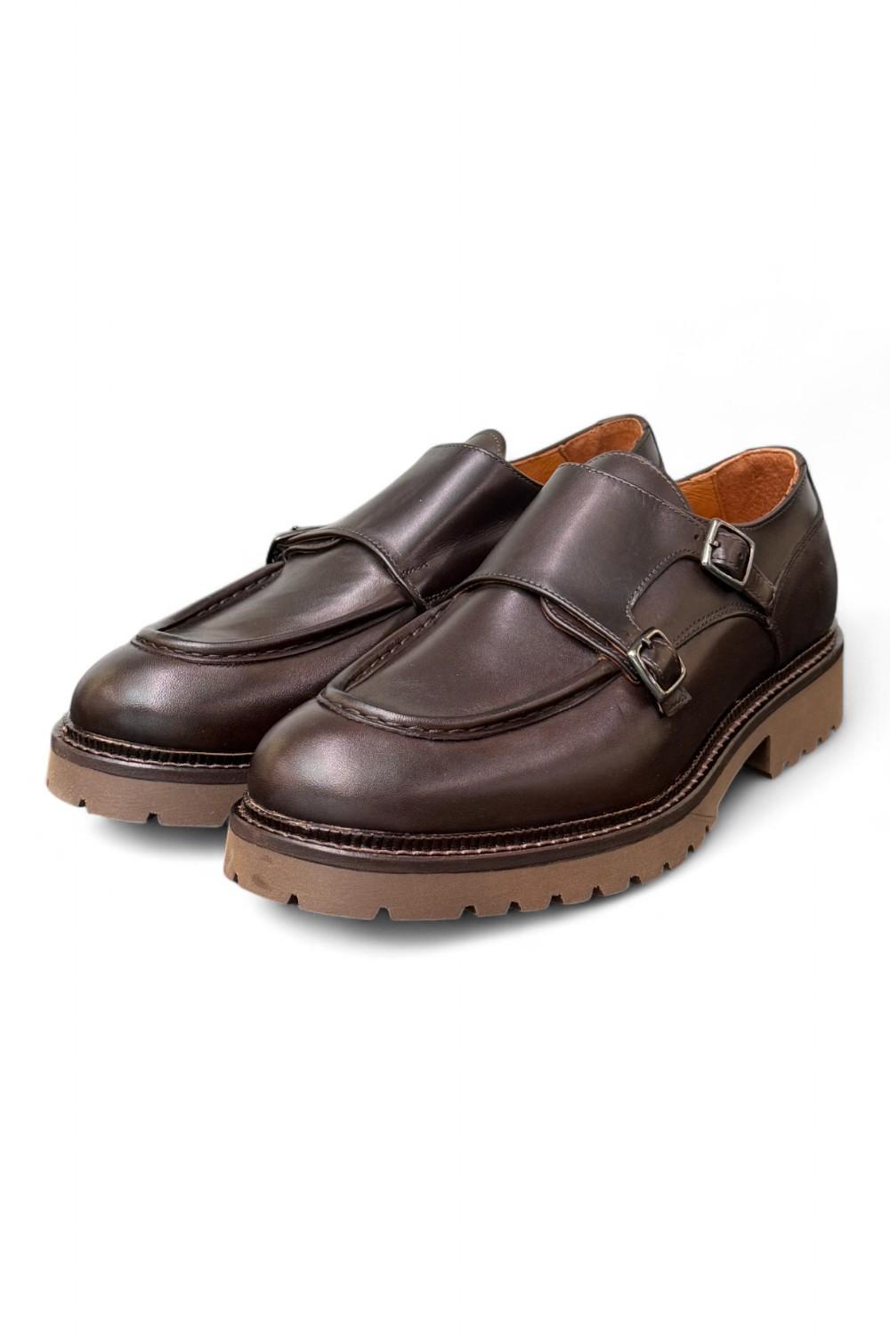 Scarpa doppia fibbia cucitura cioccolato Exton 