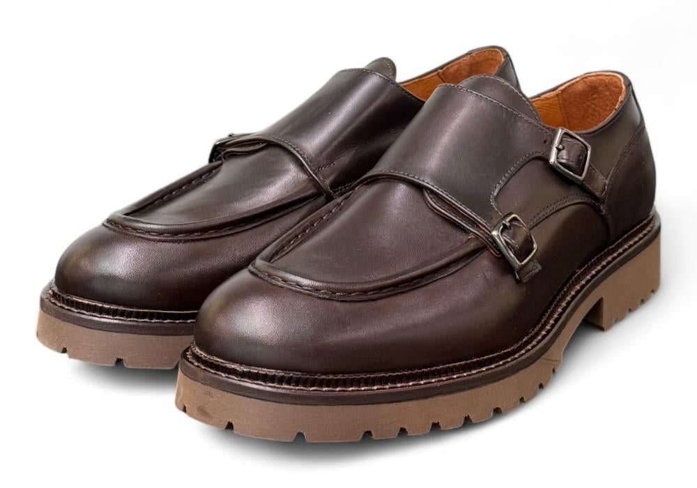 Scarpa doppia fibbia cucitura cioccolato Exton 