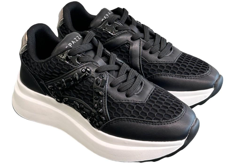 Sneaker Apepazza pelle rete strass nera<BR/> 