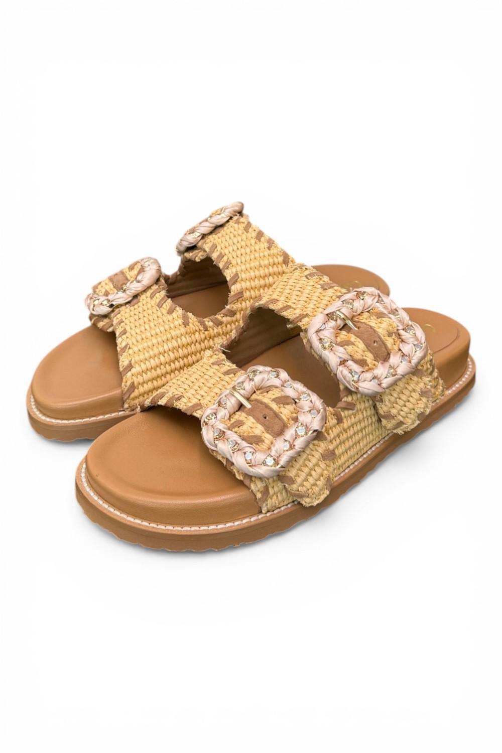 Ciabatta fasce rafia intrecciata beige cuoio Coral Blu 