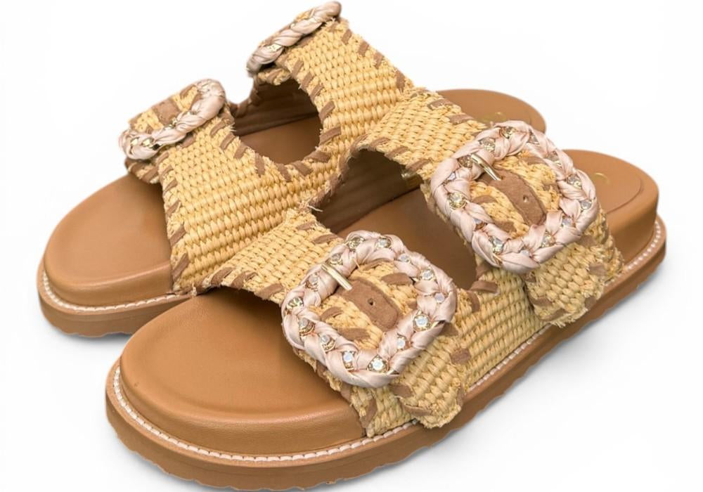 Ciabatta fasce rafia intrecciata beige cuoio Coral Blu 