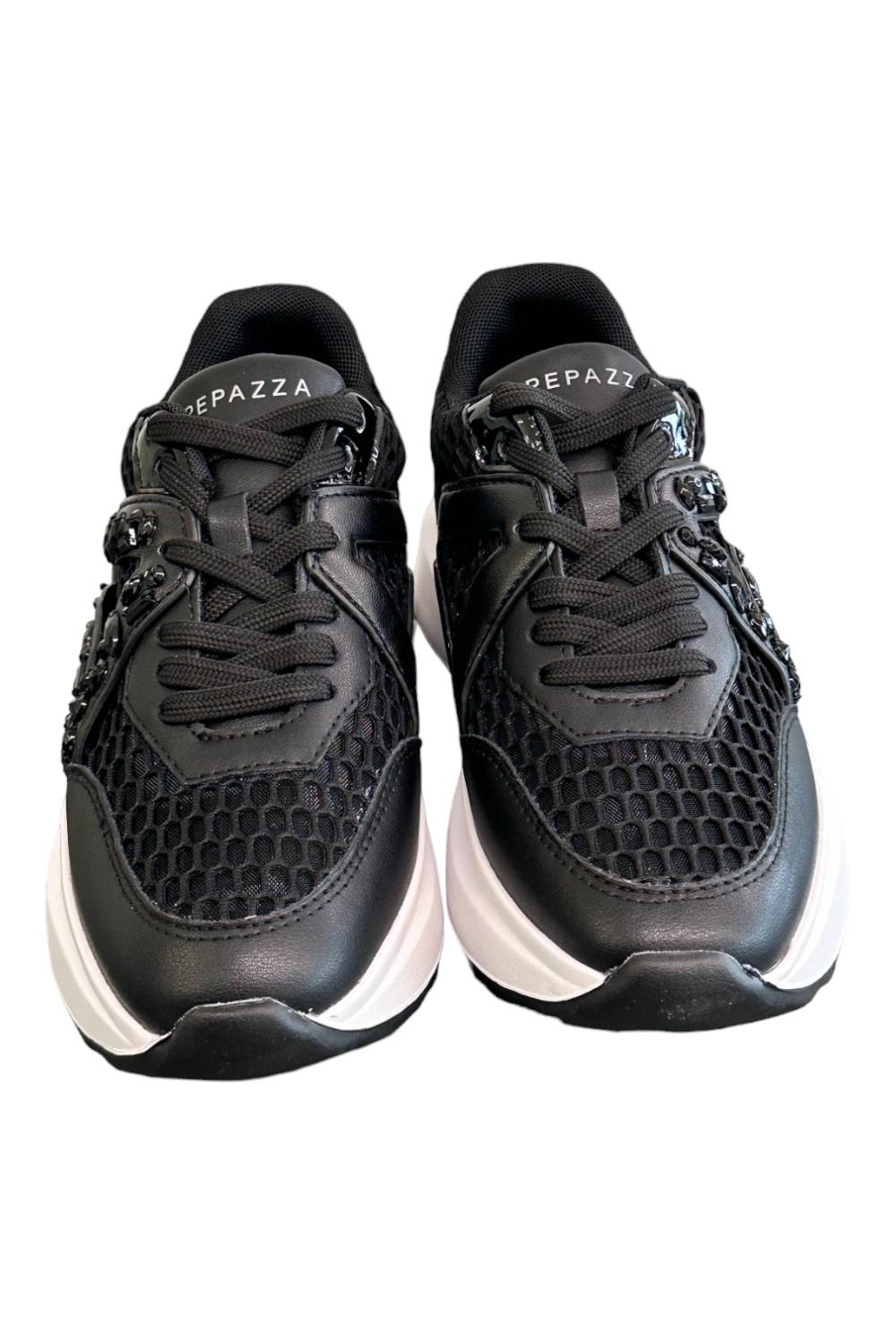Sneaker Apepazza pelle rete strass nera<BR/> 