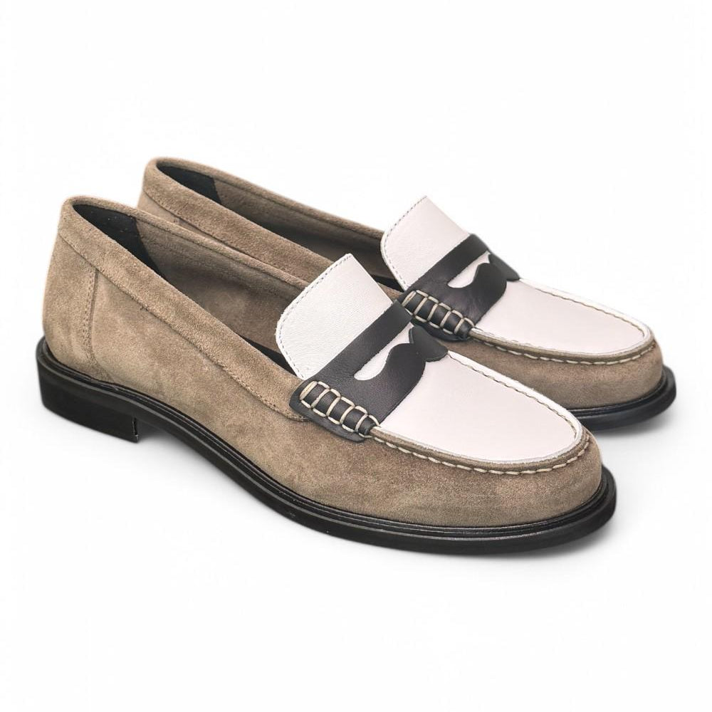 Mocassino bimateriale beige bianco Elisa Lanci 