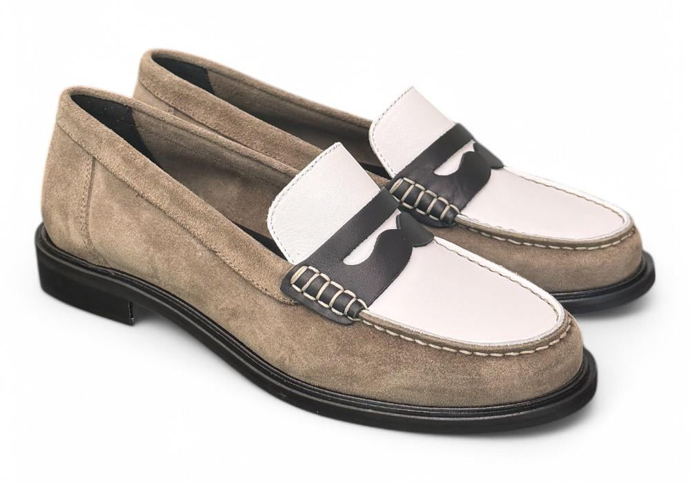 Mocassino bimateriale beige bianco Elisa Lanci 