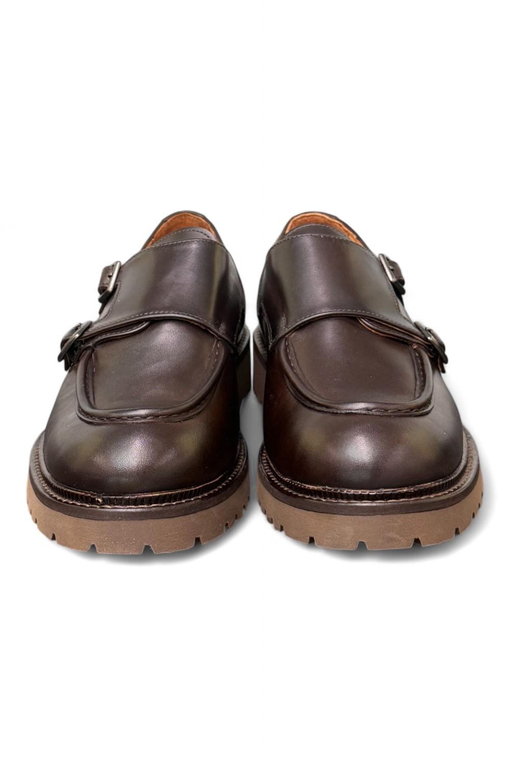 Scarpa doppia fibbia cucitura cioccolato Exton 