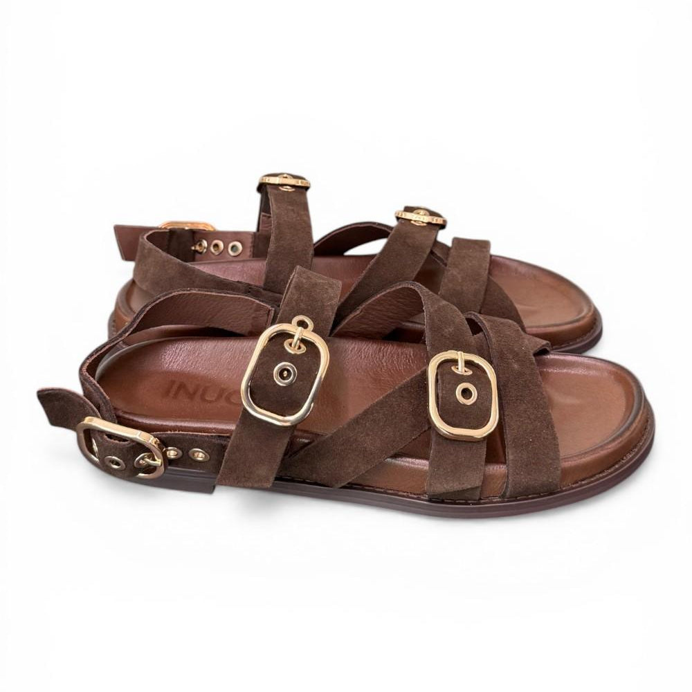 Sandalo con fasce e fibbie in suede testa di moro Inuovo<BR/> 