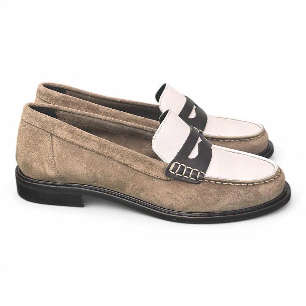 Mocassino bimateriale beige bianco Elisa Lanci 