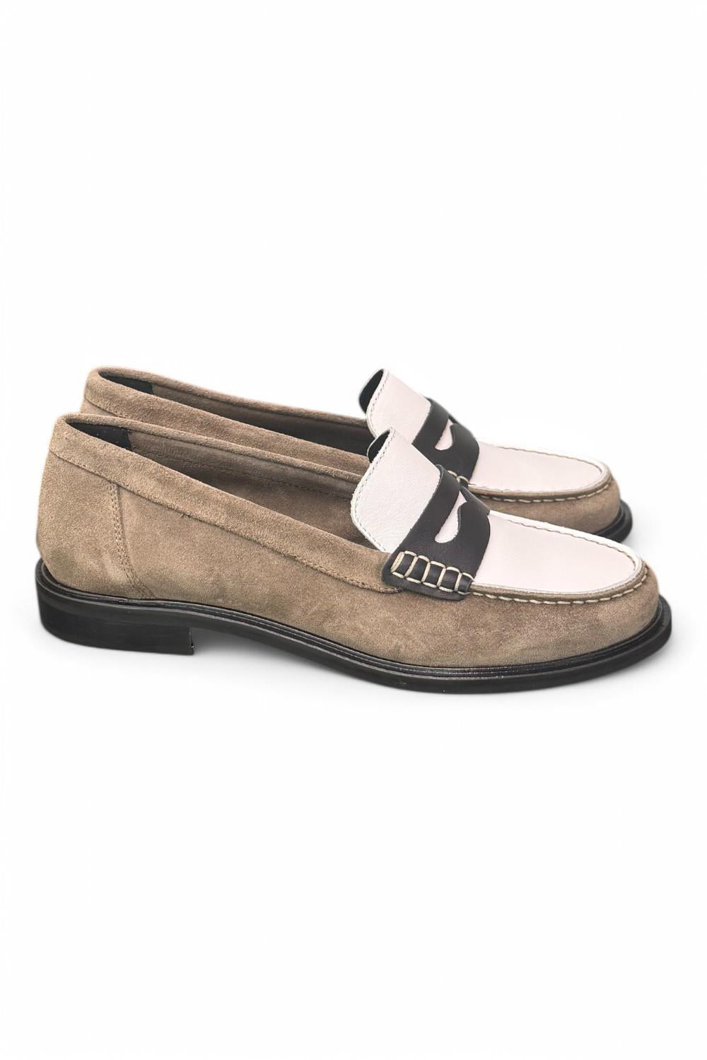 Mocassino bimateriale beige bianco Elisa Lanci 