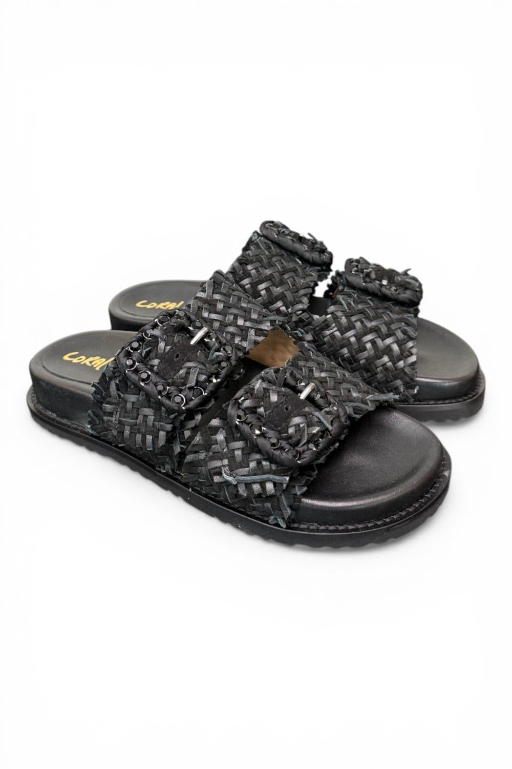 Ciabatta fasce pelle intrecciata nera Coral Bluw 