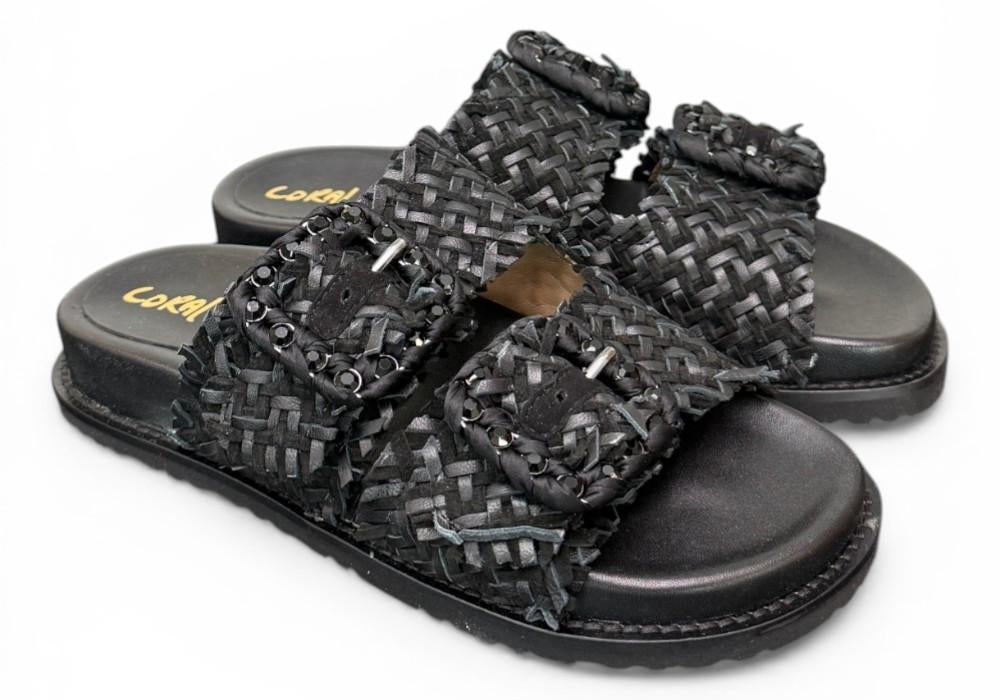 Ciabatta fasce pelle intrecciata nera Coral Bluw 
